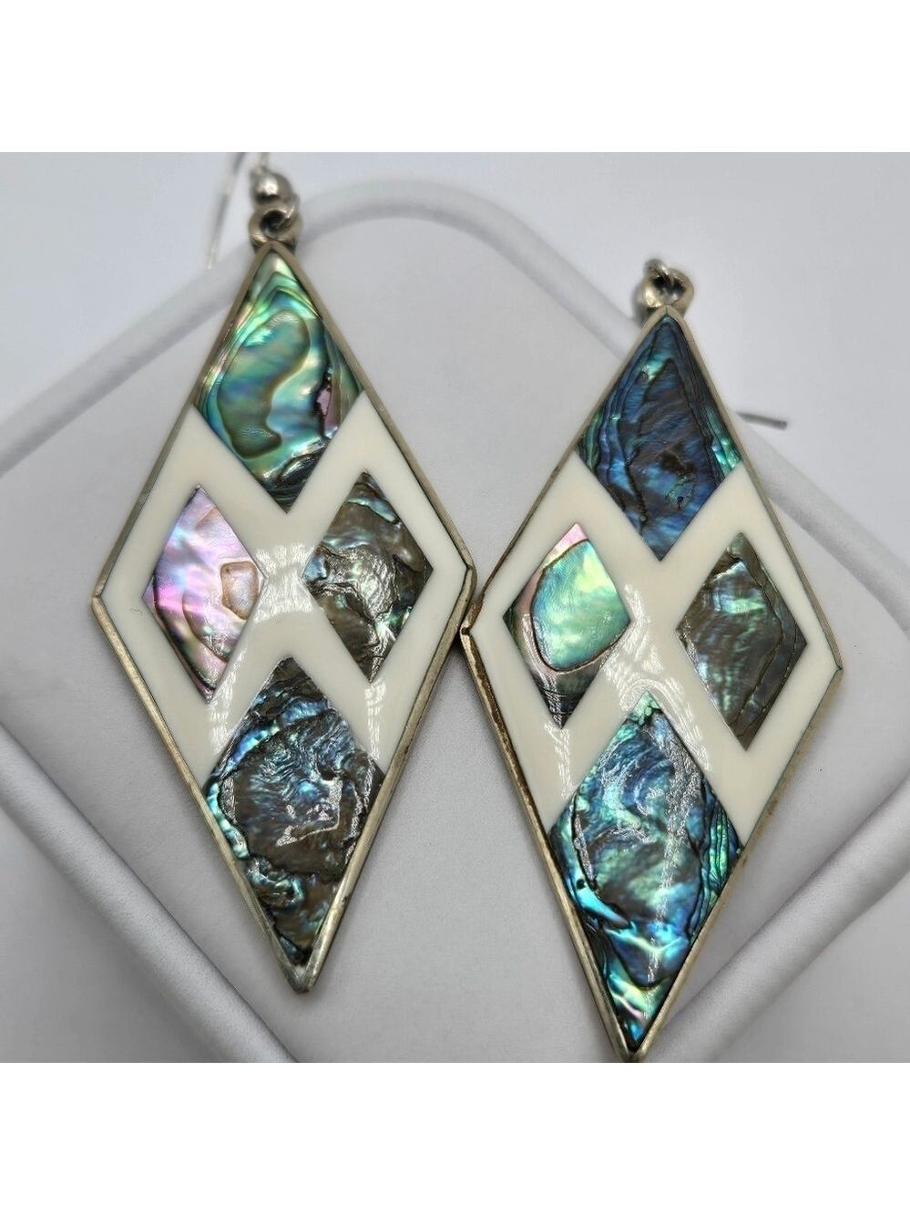 Abalone Shell Alpaca Mexico Silver Dangle Earrings Diamond Kite